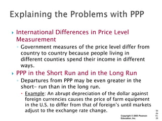    International Differences in Price Level
    Measurement
    ◦ Government measures of the price level differ from
      country to country because people living in
      different counties spend their income in different
      ways.
   PPP in the Short Run and in the Long Run
    ◦ Departures from PPP may be even greater in the
      short- run than in the long run.
      Example: An abrupt depreciation of the dollar against
       foreign currencies causes the price of farm equipment
       in the U.S. to differ from that of foreign’s until markets
       adjust to the exchange rate change.                                    Sli
                                                                              de
                                                  Copyright © 2003 Pearson   15-
                                                  Education, Inc.             26
 