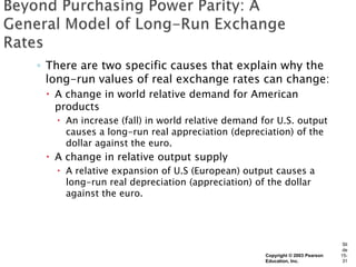 ◦ There are two specific causes that explain why the
  long-run values of real exchange rates can change:
  A change in world relative demand for American
   products
    An increase (fall) in world relative demand for U.S. output
     causes a long-run real appreciation (depreciation) of the
     dollar against the euro.
  A change in relative output supply
    A relative expansion of U.S (European) output causes a
     long-run real depreciation (appreciation) of the dollar
     against the euro.




                                                                              Sli
                                                                              de
                                                  Copyright © 2003 Pearson   15-
                                                  Education, Inc.             31
 
