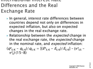  In general, interest rate differences between
  countries depend not only on differences in
  expected inflation, but also on expected
  changes in the real exchange rate.
 Relationship between the expected change in
  the real exchange rate, the expected change
  in the nominal rate, and expected inflation:
(qe$/€ - q$/€)/q$/€ = [(Ee$/€ - E$/€)/E$/€] – ( eUS -
   e ) (15-8)
    E


                                                                     Sli
                                                                     de
                                         Copyright © 2003 Pearson   15-
                                         Education, Inc.             39
 