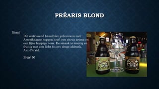 CORNET OAKED
CORNET is een zwaar blond Belgisch bier met een zeer
subtiele, eigenzinnige en geraffineerde houtsmaak en
een ‘velouté’ mondgevoel dat een op eik gerijpte wijn
evenaart.
Het volmondige bier met eiktoets houdt de balans
tussen de fruitigheid van de gist en de vanillezoetheid
van het hout. De afdronk is verwarmend, lang met een
zachte bitterheid. Bier van hoge gisting met nagisting
in de fles.
Alc. 8,5% Vol.
Prijs: 3€
 