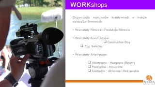 WORK shops Organizacja warsztat ó w kreatywnych w trakcie wyjazd ó w firmowych: Warsztaty Filmowe i Produkcja Filmowa Warsztaty Konstrukcyjne Construction Day Top Vehicles Warsztaty Artystyczne: Akustyczno  –  Muzyczne (Bębny) Plastyczne - Malarskie Teatralne  –  Aktorskie i Reżyserskie 