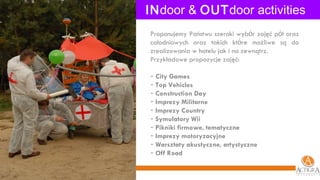 IN door &  OUT door activities Proponujemy Państwu szeroki wyb ó r zajęć p ó ł oraz całodniowych oraz takich kt ó re możliwe są do zrealizowania w hotelu jak i na zewnątrz. Przykładowe propozycje zajęć: City Games Top Vehicles Construction Day Imprezy Militarne Imprezy Country Symulatory Wii Pikniki firmowe, tematyczne Imprezy motoryzacyjne Warsztaty akustyczne, artystyczne Off Road 
