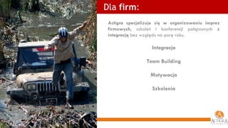 Dla  firm :   Actigra specjalizuje się w organizowaniu imprez firmowych , szkoleń i konferencji połączonych  z integracją  bez względu na porę roku.  Integracja Team Building Motywacja Szkolenia 