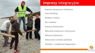 Imprezy  integracyjne Imprezy tematyczne i fabularne Team Building Outdoor i Indoor Gry miejskie Imprezy ekstremalne  Warsztaty kreatywne i artystyczne Wieczory Fabularne Aktywność w trakcie pikników Atrakcje – urządzenia integracyjne 
