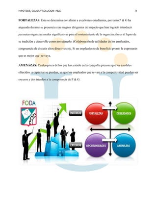 HIPOTESIS, CAUSA Y SOLUCION P&G 9
FORTALEZAS: Esta se determina por alistar a excelentes estudiantes, por tanto P & G ha
arqueado durante su presencia con magnos dirigentes de impacto que han logrado introducir
permutas organizacionales significativas para el sostenimiento de la organización en el lapso de
su tradición y desarrollo como por ejemplo: (Colaboración de utilidades de los empleados,
congruencia de discutir altos directivos etc. Si un empleado no da beneficio pronto le expresarán
que es mejor que se vaya.
AMENAZAS: Cualesquiera de los que han estado en la compañía piensan que los caudales
ofrecidos a capacitar se pierdan, ya que los empleados que se van a la competitividad pueden ser
oscuros y den triunfos a la competencia de P & G.
 
