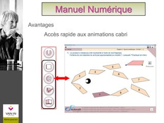 Accès rapide aux animations cabri
Manuel Numérique
Avantages
 