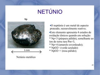 NETÚNIO

                        O neptúnio é um metal de aspecto
                       prateado, razoavelmente reativo;
                       Este elemento apresenta 4 estados de
                      oxidação iônicos quando em solução:
                      * Np+3 (púrpura pálido), semelhante ao
                      íon do terra rara Pm+3,
                      * Np+4 (amarelo esverdeado);
                      * NpO2+ (verde azulado):
                      * NpO2++ (rosa pálido);

Netúnio metálico

                                                          45
 