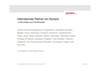 Internationale Partner von Sympra
in 28 Ländern auf 4 Kontinenten



Sympra hat Partneragenturen in Argentinien, Australien, Brasilien,
Belgien, China, Dänemark, Finnland, Frankreich, Großbritannien,
Indien, Israel, Italien, Kanada*, Mexiko, Norwegen, Österreich, Polen*,
Portugal, Rumänien, Russland, Singapur*, der Slowakei*, Spanien,
Südkorea*, der Tschechischen Republik*, der Ukraine, Ungarn und
den USA.


*nicht Mitglied im Public Relations Network




10 | Internationale PR im Raum für Ideen | 21. Januar 2010                © sympra
 