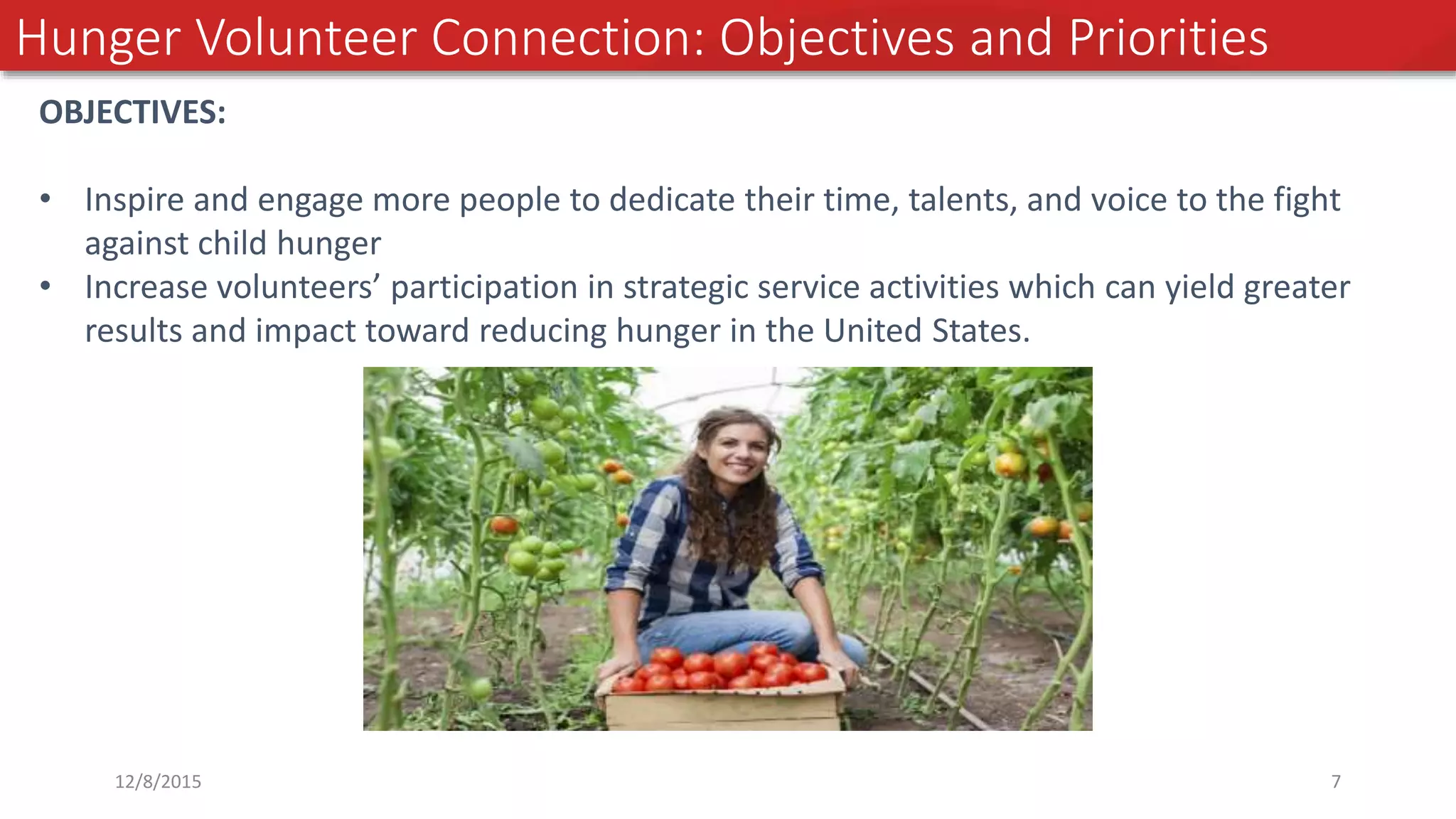 Hunger Volunteer Connection: Objectives and Priorities
OBJECTIVES:
• Inspire and engage more people to dedicate their time, talents, and voice to the fight
against child hunger
• Increase volunteers’ participation in strategic service activities which can yield greater
results and impact toward reducing hunger in the United States.
12/8/2015 7
 