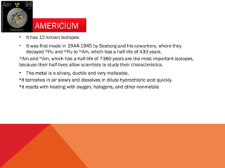 AMERICIUM 
• It has 12 known isotopes. 
• It was first made in 1944-1945 by Seaborg and his coworkers, where they 
decayed 239Pu and 241Pu to 241Am, which has a half-life of 433 years. 
241Am and 243Am, which has a half-life of 7380 years are the most important isotopes, 
because their half-lives allow scientists to study their characteristics. 
• The metal is a slivery, ductile and very malleable. 
It tarnishes in air slowly and dissolves in dilute hydrochloric acid quickly. 
It reacts with heating with oxygen, halogens, and other nonmetals 
 