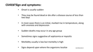 Clinical Sign and symptoms:
• Onset is usually sudden
• They may be found dead or die after a disease course of less than
two days
• In most cases there is an initial, marked rise in temperature, along
with anorexia and depression
• Sudden deaths may occur in any age group
• Sometimes signs suggestive of septicemia or myositis
• Morbidity usually is low but mortality is high
• Signs depend upon where the organisms localize
drprofessionals.in
drprofessionals.in
 
