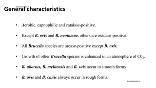 • Aerobic, capnophilic and catalase-positive.
• Except B. ovis and B. neotomae, others are oxidase-positive.
• All Brucella species are urease-positive except B. ovis.
• Growth of other Brucella species is enhanced in an atmosphere of C02.
• B. abortus, B. melitensis and B. suis occur in smooth forms
• B. ovis and B. canis always occur in rough forms.
General characteristics
drprofessionals.in
drprofessionals.in
 