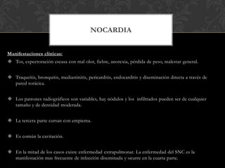 NOCARDIA


Manifestaciones clínicas:
 Tos, expectoración escasa con mal olor, fiebre, anorexia, pérdida de peso, malestar general.


 Traqueítis, bronquitis, mediastinitis, pericarditis, endocarditis y diseminación directa a través de
  pared torácica.


 Los patrones radiográficos son variables, hay nódulos y los infiltrados pueden ser de cualquier
  tamaño y de densidad moderada.


 La tercera parte cursan con empiema.


 Es común la cavitación.


 En la mitad de los casos existe enfermedad extrapulmonar. La enfermedad del SNC es la
  manifestación mas frecuente de infección diseminada y ocurre en la cuarta parte.
 