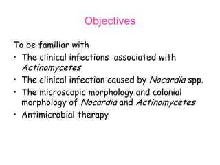 Objectives
To be familiar with
• The clinical infections associated with

Actinomycetes

• The clinical infection caused by Nocardia spp.
• The microscopic morphology and colonial
morphology of Nocardia and Actinomycetes
• Antimicrobial therapy

 