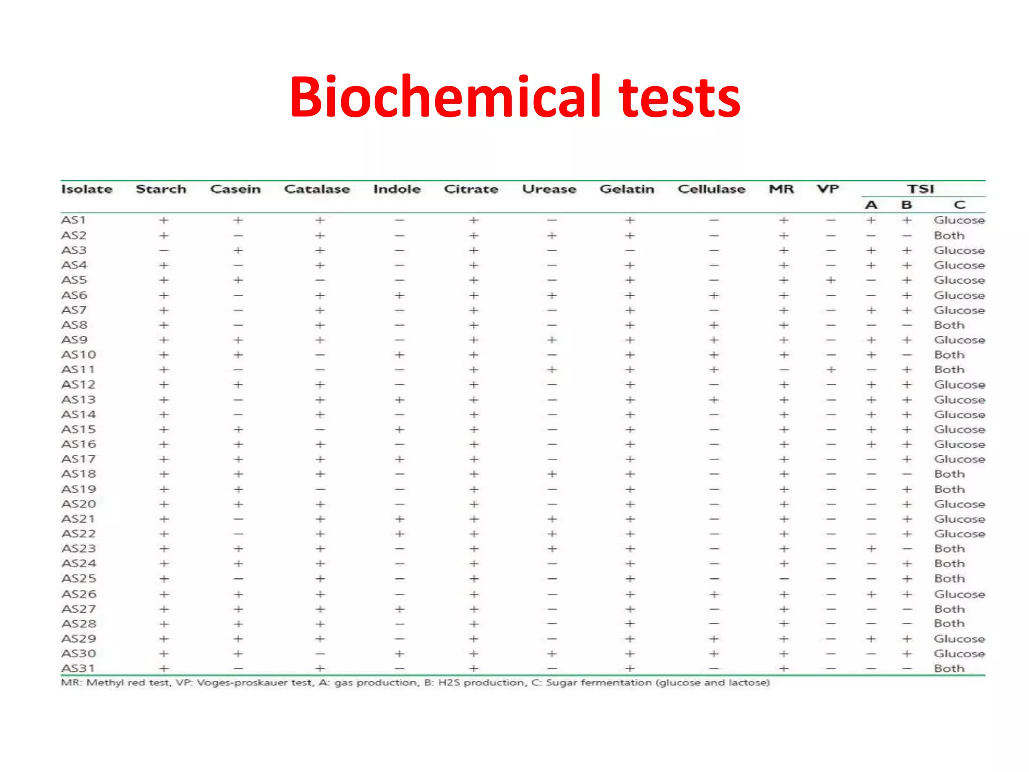 Biochemical tests
 