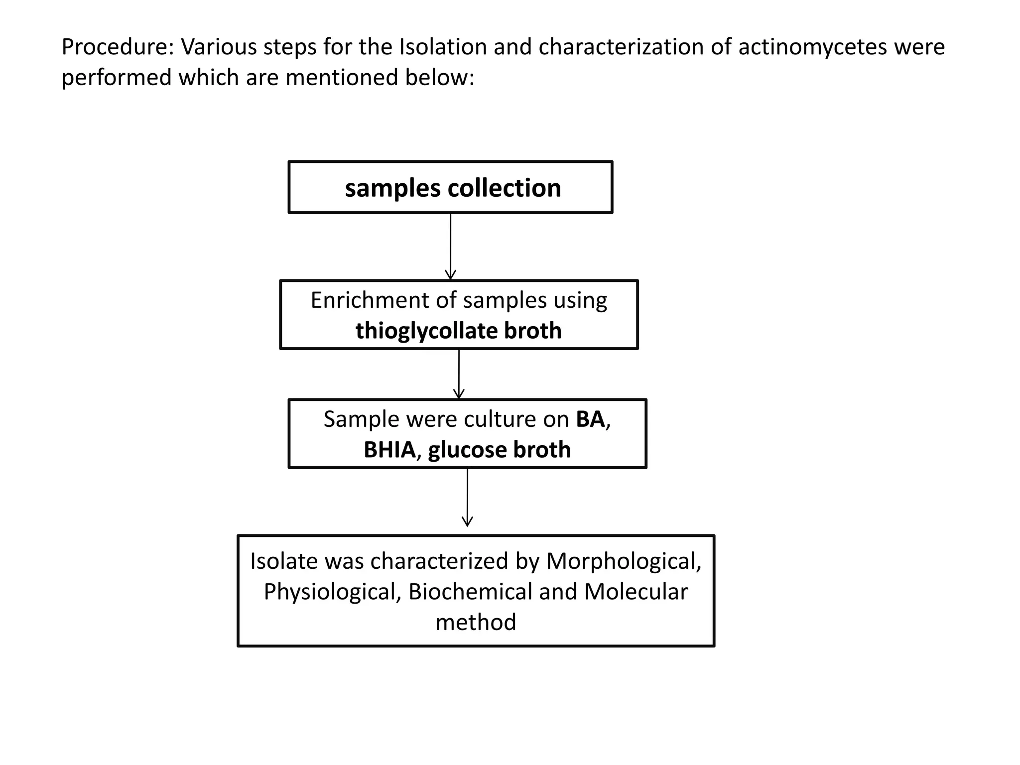 Procedure: Various steps for the Isolation and characterization of actinomycetes were
performed which are mentioned below:
samples collection
Enrichment of samples using
thioglycollate broth
Sample were culture on BA,
BHIA, glucose broth
Isolate was characterized by Morphological,
Physiological, Biochemical and Molecular
method
 