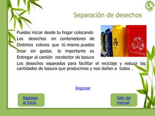 Separación de desechos
Puedes iniciar desde tu hogar colocando
Los desechos en contenedores de
Distintos colores que tú mismo puedes
crear sin gastar, lo importante es
Entregar al camión recolector de basura
Los desechos separados para facilitar el reciclaje y reducir las
cantidades de basura que producimos y nos dañan a todos .
Regresar
al Inicio
Salir del
manual
Regresar
 