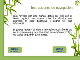 Instrucciones de navegación
Para navegar por este manual debes dar click con el
botón izquierdo del mouse sobre los vínculos que
aparecen en cada diapositiva y podrás ver más
información.
Si quieres regresar al inicio o salir del manual sólo da clic
en los vínculos que se encuentran en recuadros verdes,
los cuales te guiarán paso a paso.
Regresar
al Inicio
Salir del
manual
 