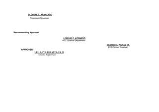 GLOREFE C. ARANZADO
Proponent/Organizer
Recommending Approval:
LORELIE C. ATENIEDO
HT-I, Science Department
QUIRINO A. PAITAN JR.
EPS/ School Principal
APPROVED:
LEO S. POLIGRATES, Ed. D
District Supervisor
 