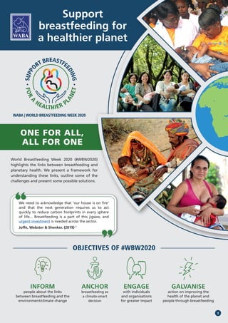 FORA
HEALTHIER P
LANET
SUPPO
RT BREASTFEEDING
ONE FOR ALL,
ALL FOR ONE
World Breastfeeding Week 2020 (#WBW2020)
highlights the links between breastfeeding and
planetary health. We present a framework for
understanding these links, outline some of the
challenges and present some possible solutions.
INFORM
people about the links
between breastfeeding and the
environment/climate change
ENGAGE
with individuals
and organisations
for greater impact
ANCHOR
breastfeeding as
a climate-smart
decision
GALVANISE
action on improving the
health of the planet and
people through breastfeeding
OBJECTIVES OF #WBW2020
Support
breastfeeding for
a healthier planet
We need to acknowledge that ‘our house is on fire’
and that the next generation requires us to act
quickly to reduce carbon footprints in every sphere
of life... Breastfeeding is a part of this jigsaw, and
urgent investment is needed across the sector.
Joffe, Webster & Shenker. (2019) 1
1
 
