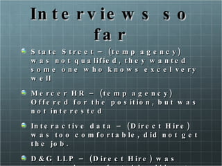 Interviews so far State Street – (temp agency) was not qualified, they wanted some one who knows excel very well Mercer HR – (temp agency) Offered for the position, but was not interested Interactive data – (Direct Hire) was too comfortable, did not get the job.  D&G LLP – (Direct Hire) was extremely comfortable, did not get the job  
