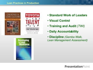Lean Practices in Production Standard Work of Leaders Visual Control Training and Audit   (TWI) Daily Accountability Discipline  (Gemba Walk,  Lean Management Assessment) 