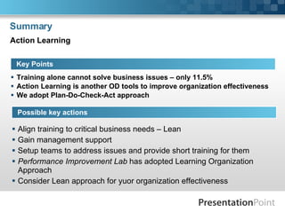 Summary Training alone cannot solve business issues – only 11.5% Action Learning is another OD tools to improve organization effectiveness We adopt Plan-Do-Check-Act approach  Key Points Possible key actions Action Learning Align training to critical business needs – Lean Gain management support  Setup teams to address issues and provide short training for them Performance Improvement Lab  has adopted Learning Organization Approach  Consider Lean approach for yuor organization effectiveness 