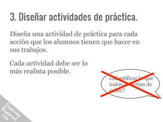 3. Diseñar actividades de práctica.
Diseña una actividad de práctica para cada
acción que los alumnos tienen que hacer en
sus trabajos.

Cada actividad debe ser lo
más realista posible.
                                ¿Identificar lo que
                                todos deberían de
                                saber?
 