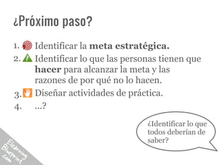 ¿Próximo paso?
1.   Identificar la meta estratégica.
2.   Identificar lo que las personas tienen que
     hacer para alcanzar la meta y las
     razones de por qué no lo hacen.
3.   Diseñar actividades de práctica.
4.   ...?
                                 ¿Identificar lo que
                                 todos deberían de
                                 saber?
 