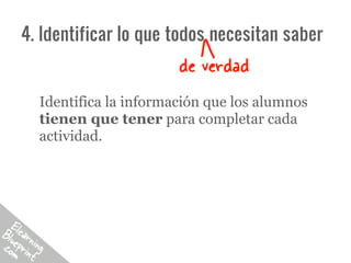 4. Identificar lo que todos necesitan saber
                          V
                       de verdad
  Identifica la información que los alumnos
  tienen que tener para completar cada
  actividad.
 