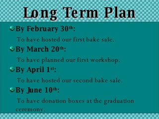 Long Term Plan By February 30 th : To have hosted our first bake sale. By March 20 th : To have planned our first workshop. By April 1 st : To have hosted our second bake sale. By June 10 th : To have donation boxes at the graduation ceremony. 