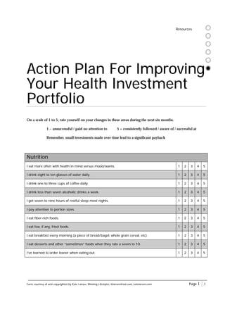 Resources




Action Plan For Improving
Your Health Investment
Portfolio
On a scale of 1 to 5, rate yourself on your changes in these areas during the next six months.

                1 – unsuccessful / paid no attention to                 5 = consistently followed / aware of / successful at

                Remember, small investments made over time lead to a significant payback




Nutrition
I eat more often with health in mind versus mood/wants.                                                        1   2    3      4   5

I drink eight to ten glasses of water daily.                                                                   1   2    3      4   5

I drink one to three cups of coffee daily.                                                                     1   2    3      4   5

I drink less than seven alcoholic drinks a week.                                                               1   2    3      4   5

I get seven to nine hours of restful sleep most nights.                                                        1   2    3      4   5

I pay attention to portion sizes.                                                                              1   2    3      4   5

I eat fiber-rich foods.                                                                                        1   2    3      4   5

I eat few, if any, fried foods.                                                                                1   2    3      4   5

I eat breakfast every morning (a piece of bread/bagel, whole grain cereal, etc).                               1   2    3      4   5

I eat desserts and other “sometimes” foods when they rate a seven to 10.                                       1   2    3      4   5

I’ve learned to order leaner when eating out.                                                                  1   2    3      4   5




Form courtesy of and copyrighted by Kate Larsen, Winning Lifestyles, ktlarsen@aol.com, katelarsen.com                  Page 1      |3