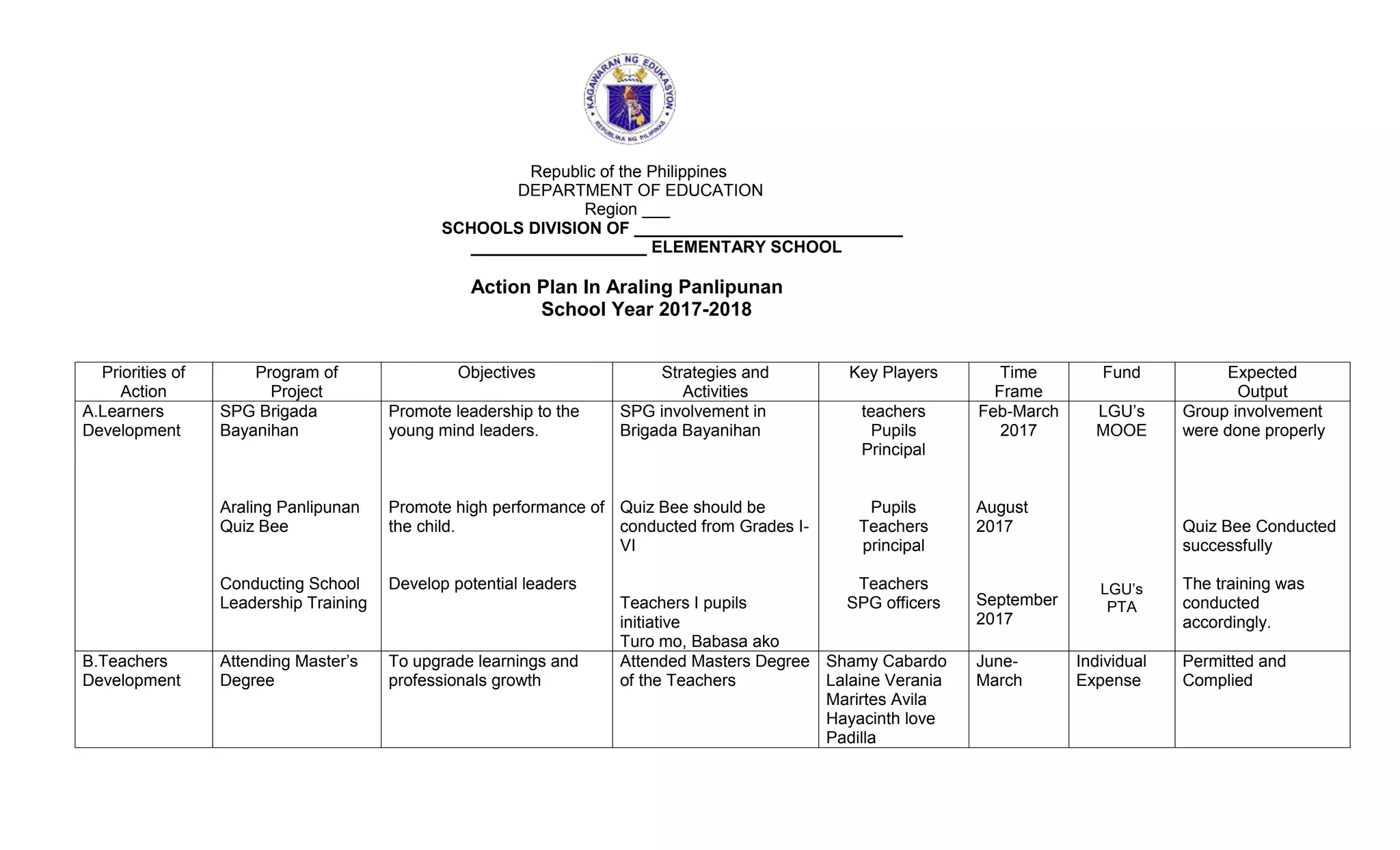 Action Plan In Araling Panlipunan2017 2018 docx Action plan in araling panlipunan2017 2018 docx