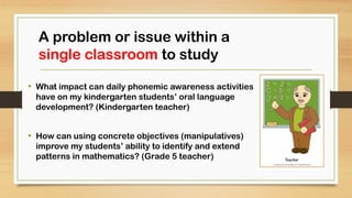 • What impact can daily phonemic awareness activities
have on my kindergarten students’ oral language
development? (Kindergarten teacher)
• How can using concrete objectives (manipulatives)
improve my students’ ability to identify and extend
patterns in mathematics? (Grade 5 teacher)
A problem or issue within a
single classroom to study
 
