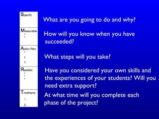 What are you going to do and why?
How will you know when you have
succeeded?
What steps will you take?
Have you considered your own skills and
the experiences of your students? Will you
need extra support?
At what time will you complete each
phase of the project?
 