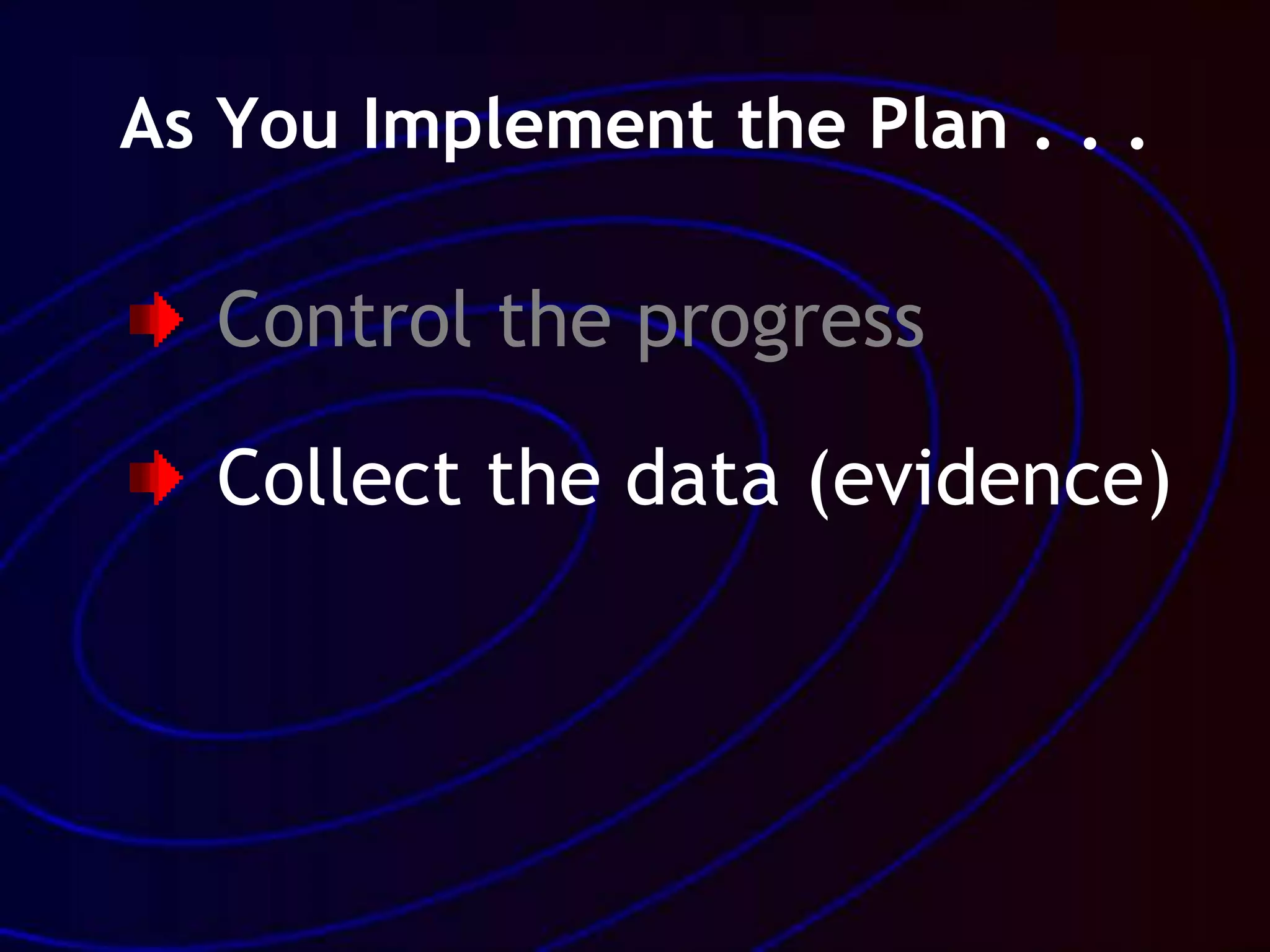 As You Implement the Plan . . .
Control the progress
Collect the data (evidence)
 