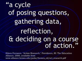 Eileen Ferrance, "Action Research," Providence, RI: The Education
Alliance, 2000, available from
www.alliance.brown.edu/pubs/themes_ed/act_research.pdf
“a cycle
of posing questions,
gathering data,
reflection,
& deciding on a course
of action.”
 