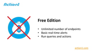 Free Edition
• Unlimited number of endpoints
• Basic real-time alerts
• Run queries and actions
action1.com
 