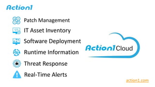 Patch Management
action1.com
IT Asset Inventory
Software Deployment
Runtime Information
Threat Response
Real-Time Alerts
 