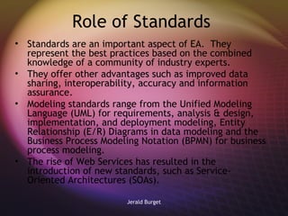 Role of Standards  Standards are an important aspect of EA.  They represent the best practices based on the combined knowledge of a community of industry experts.  They offer other advantages such as improved data sharing, interoperability, accuracy and information assurance.  Modeling standards range from the Unified Modeling Language (UML) for requirements, analysis & design, implementation, and deployment modeling, Entity Relationship (E/R) Diagrams in data modeling and the Business Process Modeling Notation (BPMN) for business process modeling.  The rise of Web Services has resulted in the introduction of new standards, such as Service-Oriented Architectures (SOAs). 