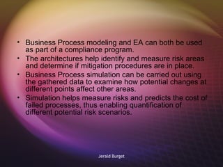 Business Process modeling and EA can both be used as part of a compliance program.  The architectures help identify and measure risk areas and determine if mitigation procedures are in place. Business Process simulation can be carried out using the gathered data to examine how potential changes at different points affect other areas.  Simulation helps measure risks and predicts the cost of failed processes, thus enabling quantification of different potential risk scenarios.  