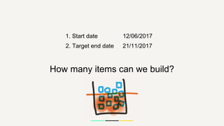 2. Target end date 21/11/2017
How many items can we build?
1. Start date 12/06/2017
 
