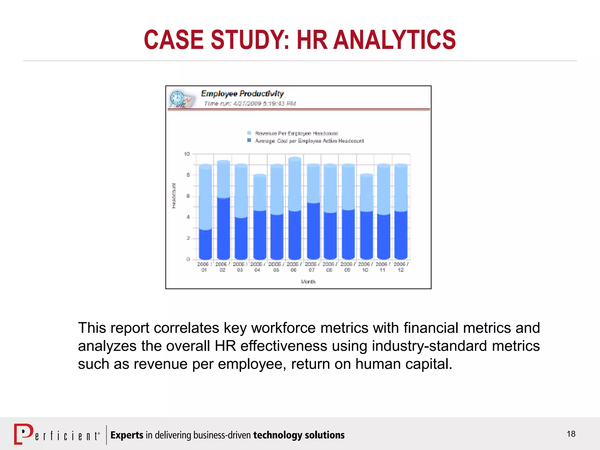 18
CASE STUDY: HR ANALYTICS
This report correlates key workforce metrics with financial metrics and
analyzes the overall HR effectiveness using industry-standard metrics
such as revenue per employee, return on human capital.
 