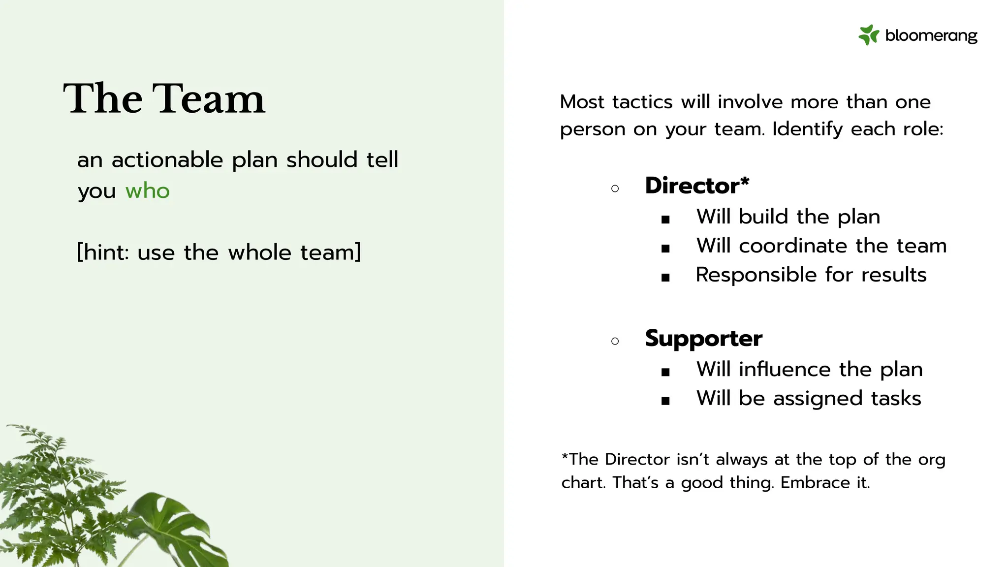 The Team
an actionable plan should tell
you who
[hint: use the whole team]
Most tactics will involve more than one
person on your team. Identify each role:
○ Director*
■ Will build the plan
■ Will coordinate the team
■ Responsible for results
○ Supporter
■ Will inﬂuence the plan
■ Will be assigned tasks
*The Director isn’t always at the top of the org
chart. That’s a good thing. Embrace it.
 