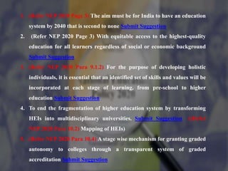 1. (Refer NEP 2020 Page 3) The aim must be for India to have an education
system by 2040 that is second to none Submit Suggestion
2. (Refer NEP 2020 Page 3) With equitable access to the highest-quality
education for all learners regardless of social or economic background
Submit Suggestion
3. (Refer NEP 2020 Para 9.1.2) For the purpose of developing holistic
individuals, it is essential that an identified set of skills and values will be
incorporated at each stage of learning, from pre-school to higher
education Submit Suggestion
4. To end the fragmentation of higher education system by transforming
HEIs into multidisciplinary universities. Submit Suggestion ((Refer
NEP 2020 Para 10.2) Mapping of HEIs)
5. (Refer NEP 2020 Para 10.4) A stage wise mechanism for granting graded
autonomy to colleges through a transparent system of graded
accreditation Submit Suggestion
 
