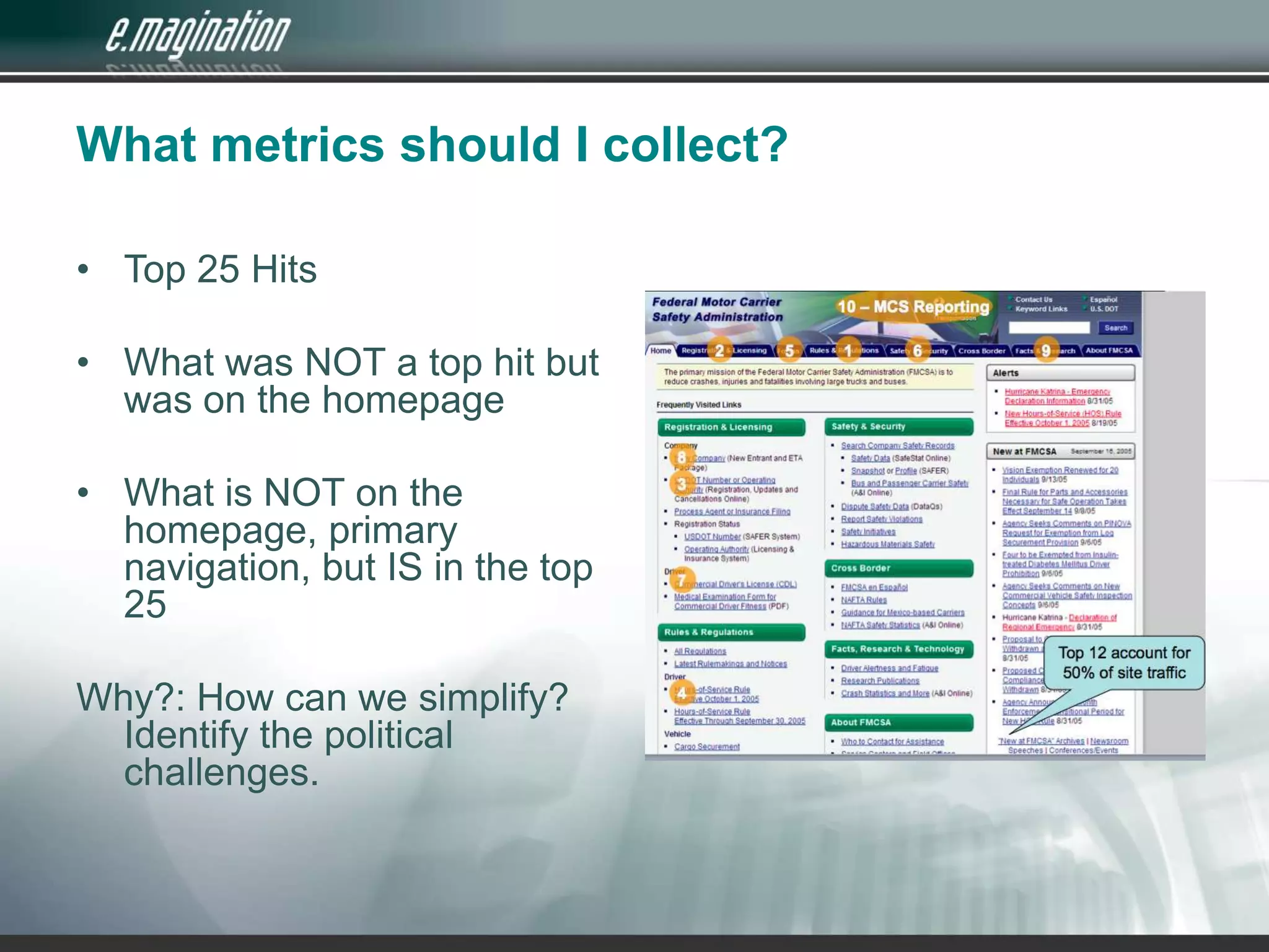 What metrics should I collect?Top 25 HitsWhat was NOT a top hit but was on the homepageWhat is NOT on the homepage, primary navigation, but IS in the top 25Why?: How can we simplify? Identify the political challenges.