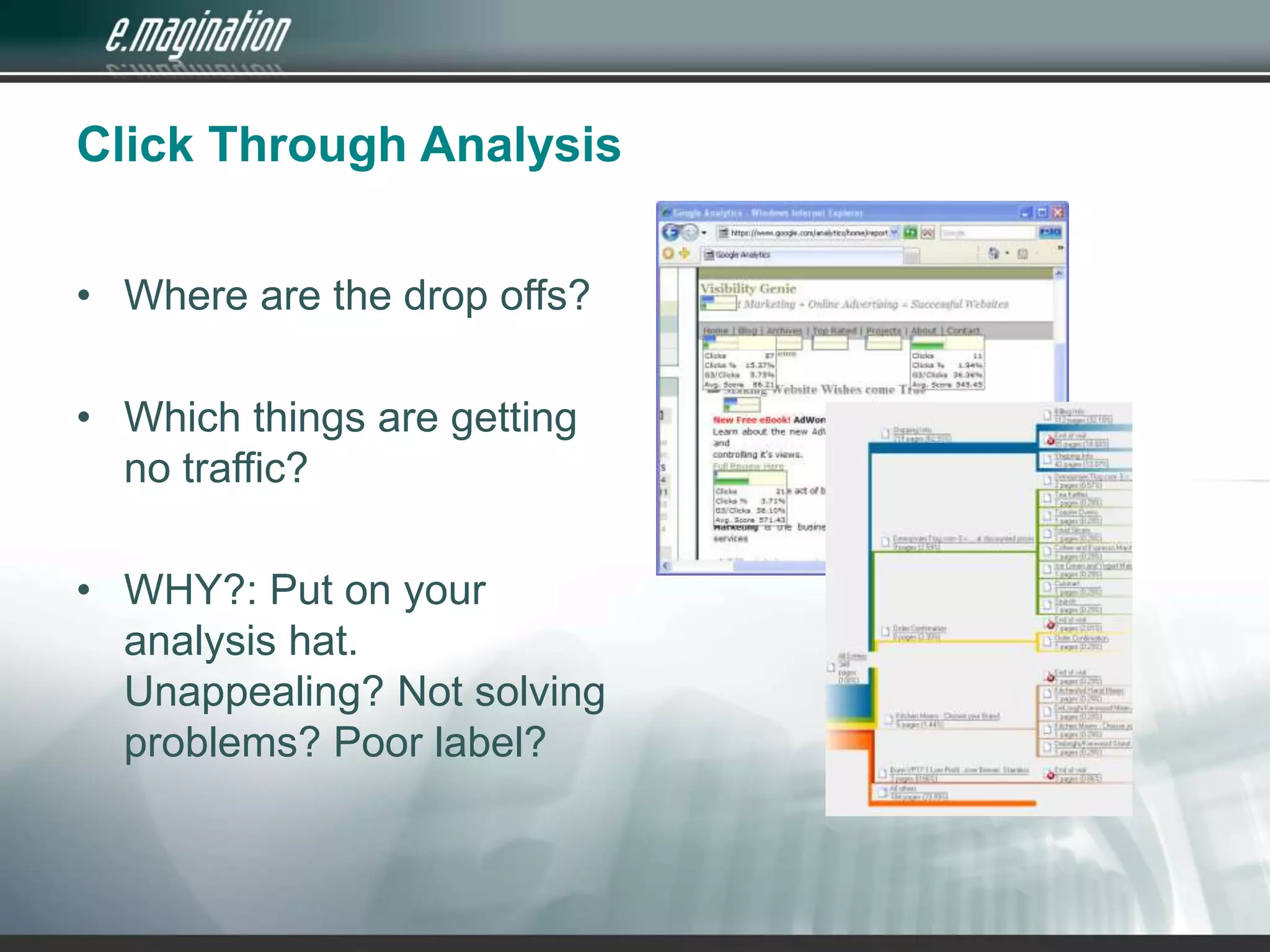 Click Through AnalysisWhere are the drop offs?Which things are getting no traffic?WHY?: Put on your analysis hat.  Unappealing? Not solving problems? Poor label?