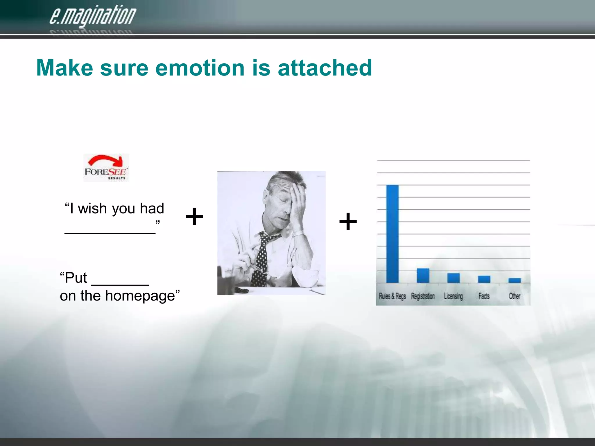 Make sure emotion is attached++“I wish you had___________”“Put _______on the homepage”