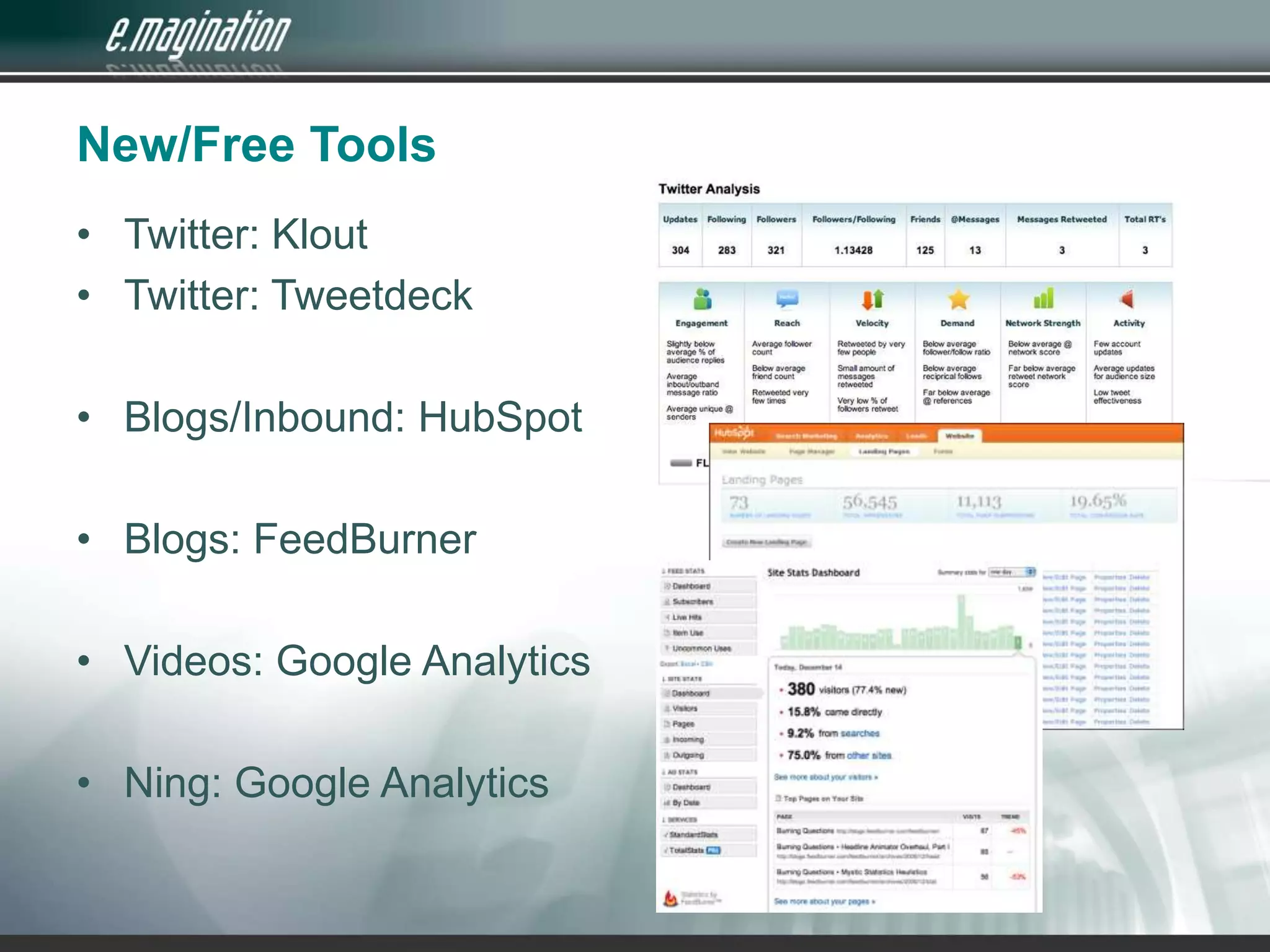 New/Free ToolsTwitter: KloutTwitter: TweetdeckBlogs/Inbound: HubSpotBlogs: FeedBurnerVideos: Google AnalyticsNing: Google Analytics