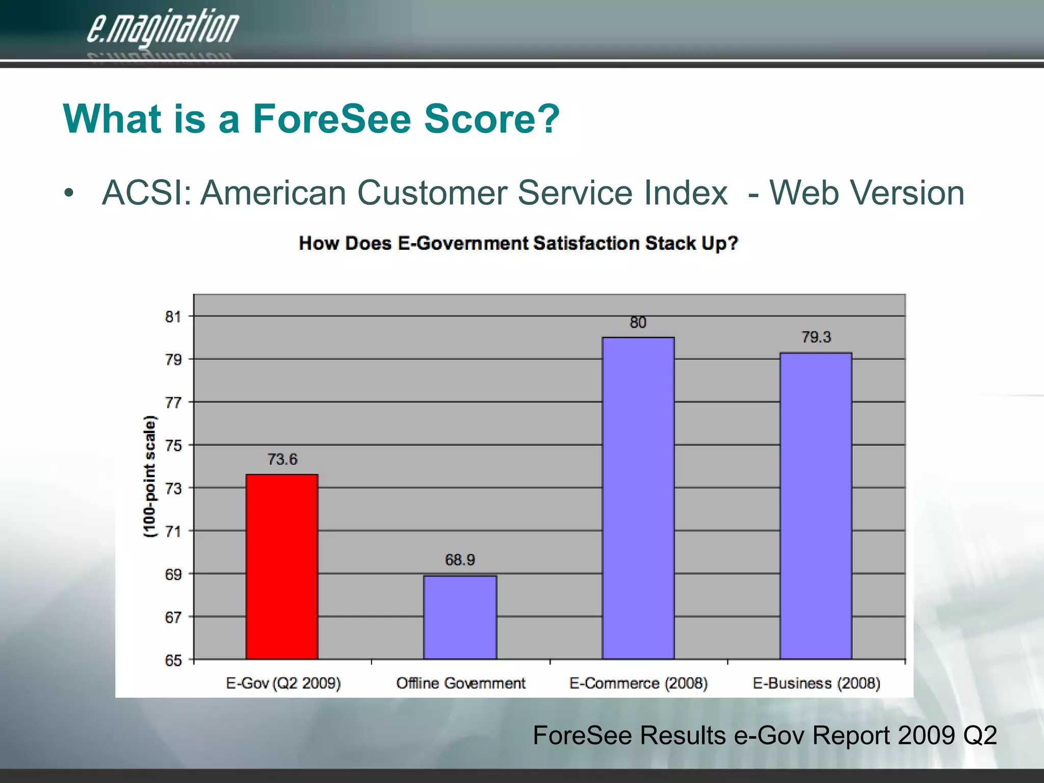 What is a ForeSee Score?ACSI: American Customer Service Index  - Web VersionForeSee Results e-Gov Report 2009 Q2